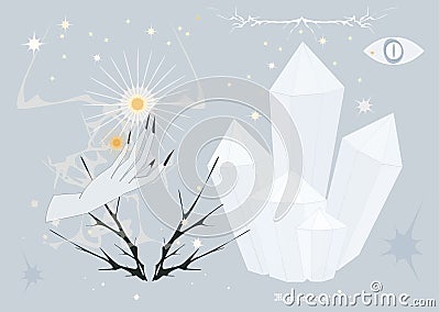 A set of magical components. The witch's hand casts a spell. Magic eye. Sorcerer crystal. Stars. Vector. Vector Illustration