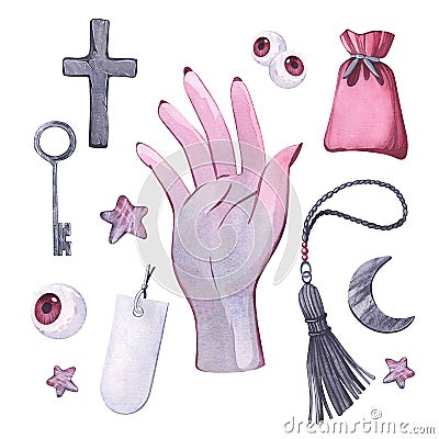 A set of magical items. Hand drawn watercolor illustration on isolated white background. Cartoon Illustration