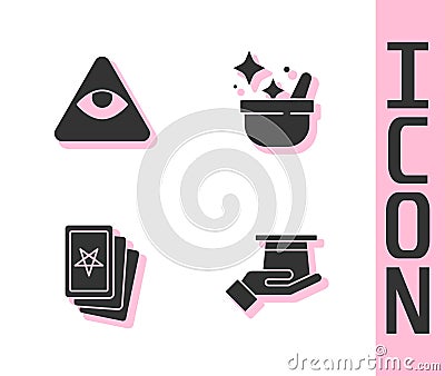 Set Magician hat in hand, Masons, Three tarot cards and Witch cauldron icon. Vector Vector Illustration