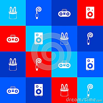 Set Magician hat and rabbit ears, Birthday party horn, Home stereo with two speakers and Stereo icon. Vector Vector Illustration