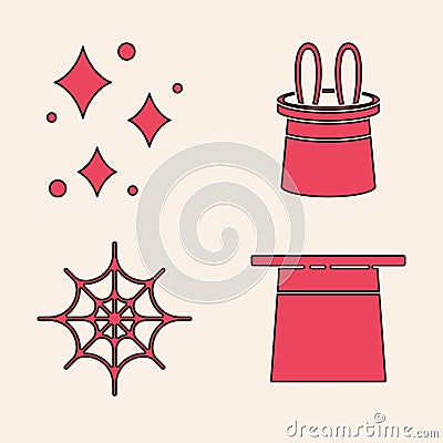 Set Magician hat, Sparkle stars with magical glitter, Magician hat and rabbit ears and Spider web icon. Vector Vector Illustration