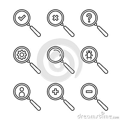 set of magnifiers like inspection thin line icon Vector Illustration