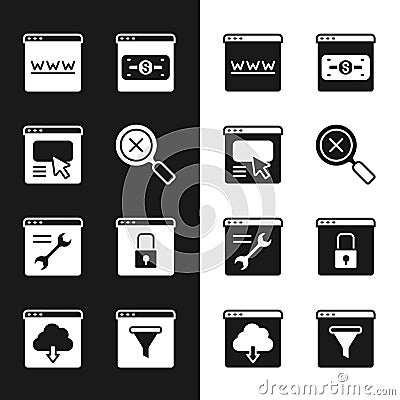 Set Magnifying glass and delete, UI or UX design, Browser window, Online shopping on screen, setting, Secure your site Vector Illustration