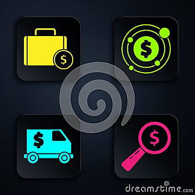 Set Magnifying glass and dollar, Briefcase and money, Armored truck and Target with dollar symbol. Black square button Vector Illustration