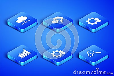 Set Magnifying glass and gear, Network cloud connection, Cost reduction, Pie chart infographic, Cloud shield and Arrow Vector Illustration