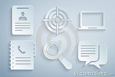 Set Magnifying glass, Laptop, Phone book, Chat, Target sport and Identification badge icon. Vector Vector Illustration