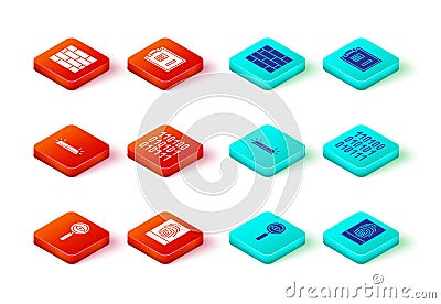 Set Magnifying glass Search, Fingerprint, Flasher siren, Binary code, Safe and Bricks icon. Vector Vector Illustration