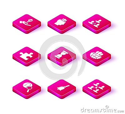 Set Magnifying glass for search a people, Ringing bell, Piece of puzzle, Old hourglass with flowing sand, Project team Vector Illustration