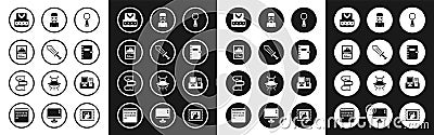 Set Magnifying glass, Sword for game, Card, Waistcoat, Spiral notebook, Nerd geek, Monitor with keyboard and Book icon Vector Illustration