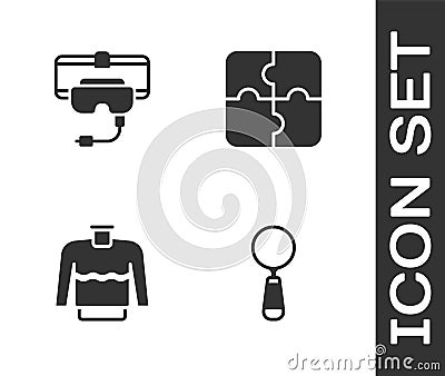 Set Magnifying glass, Virtual reality glasses, Sweater and Piece of puzzle icon. Vector Stock Photo