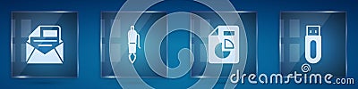 Set Mail and e-mail, Fountain pen nib, Document with graph chart and USB flash drive. Square glass panels. Vector Stock Photo
