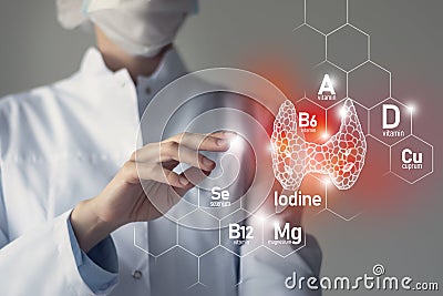 Set of main human organs with molecular grid, micronutrients and vitamins with doctor on blurry blue background. Thyroid Gland Stock Photo