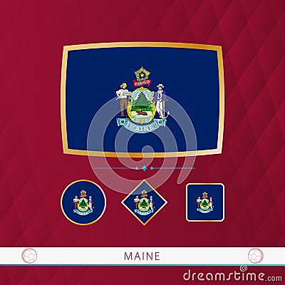 Set of Maine flags with gold frame for use at sporting events on a burgundy abstract background Vector Illustration