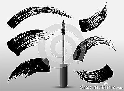 Set of make-up cosmetic mascara brush stroke texture design. Realistic mascara smear template. Mascara eyelashes. Hand drawn lash Cartoon Illustration