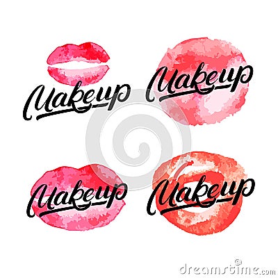 Set of makeup hand written lettering logo, label, emblem with watercolor lips and splash. Vector Illustration