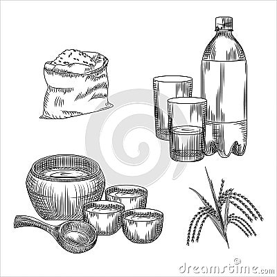 Set of makgeolli. Korean traditional alcohol drink rice wine. Bag of rice, plastic bottle, glass, ceramic ware, branch Vector Illustration