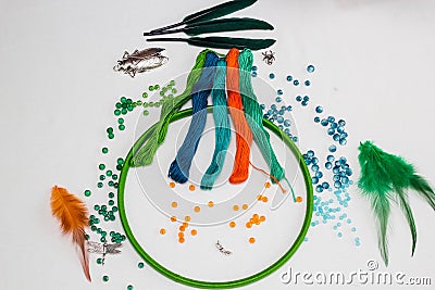 Set for making a Dreamcatcher, beads, thread Stock Photo