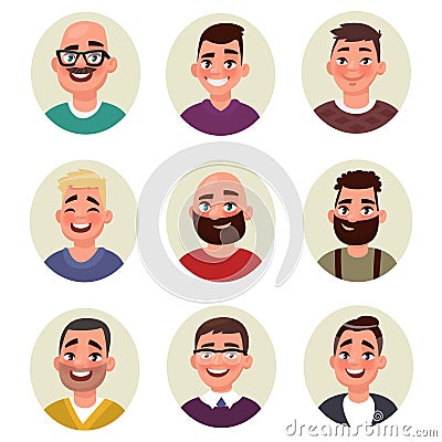 Set of male avatars. Young, middle, mature age. Vector Cartoon Illustration