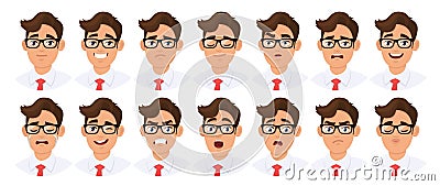 Set of male character`s different facial expression. Collection of young man`s various emotions or emoji. Collage of human. Vector Illustration