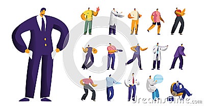 Set of Male Characters, Businessman Bankrupt with Empty Pockets, Sports Fan Wear Glove, Medicine Doctor and Dancer Vector Illustration