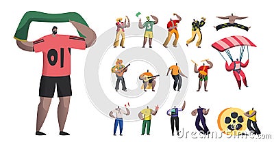 Set of Male Characters, Sports Fan with Flag, Brazil Carnival Musicians with Maracas, Men Dancers and Mariachi Players Vector Illustration