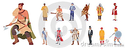 Set Of Male Characters Wear Historical Costumes. Viking, Barbarian And Native American Chief, Indian, Greek Or Roman Vector Illustration