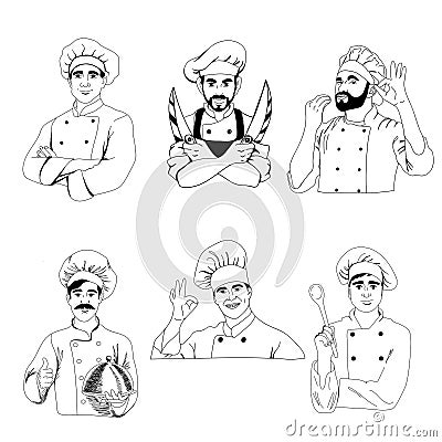 Set of male chefs in different poses male chefs in work coats showing thumbs up gestures beautiful chefs with beards vector Vector Illustration