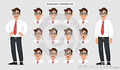 Set of male different facial expressions. Man emoji character with various face reaction/emotion, in formal and eyeglasses. Vector Illustration