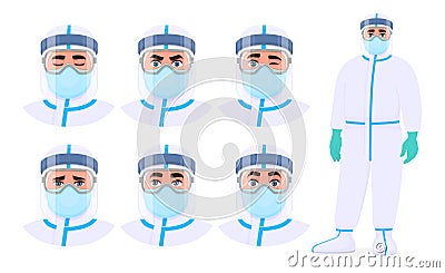 Set of male doctor facial expression with safety protective suit, mask, glasses and face shield. Physician or surgeon wearing PPE Vector Illustration