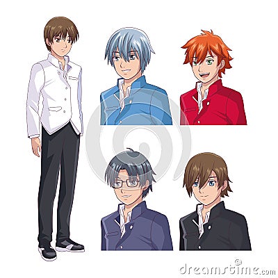 Set of male face anime Vector Illustration