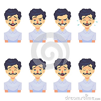 Set of male facial emotions avatar. Hipster man with mustache emoji funny cute character with different expressions Vector Illustration