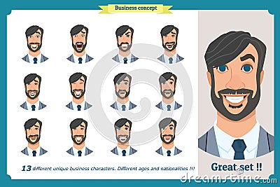 Set of male facial emotions. Flat cartoon character. Businessman in a suit and tie. business people in round icons. Isolated vecto Vector Illustration