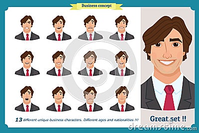 Set of male facial emotions. Young business man character with different expressions.Vector flat illustration in cartoon style. Vector Illustration