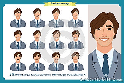 Set of male facial emotions. Young business man character with different expressions.Vector flat illustration in cartoon style. Vector Illustration