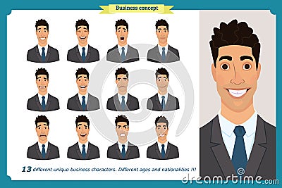 Set of male facial emotions. Young business man character with different expressions.Vector flat illustration in cartoon style. Vector Illustration