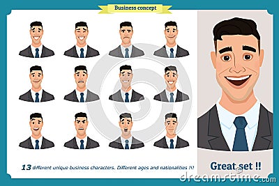 Set of male facial emotions. Young business man character with different expressions.Vector flat illustration in cartoon style. Vector Illustration