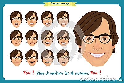 Set of male facial emotions. young man emoji character with different expressions. Vector Illustration