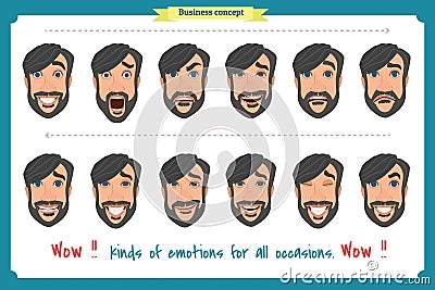 Set of male facial emotions. young man emoji character with different expressions. Vector Illustration