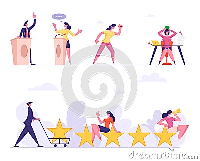 Set of Male and Female Business People Performing on election Debates Stand on Tribunes, Office Bullying Vector Illustration