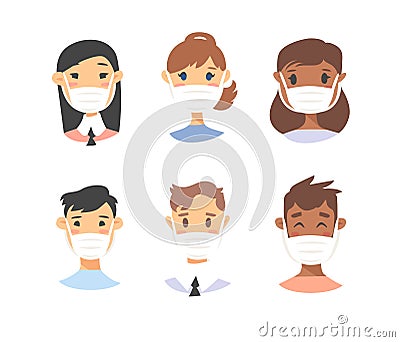 Set of male and female characters. Cartoon style masked people icons. Isolated guys avatars. Flat illustration protected men and Vector Illustration