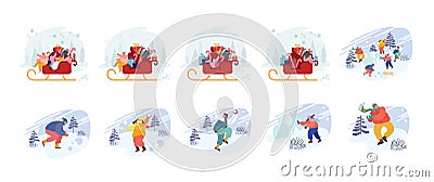 Set of Male and Female Characters on Christmas Vacation Playing Snowballs, Riding Sledge with Xmas Gifts, Snow Battle Vector Illustration