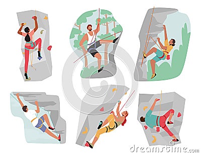 Set Male and Female Characters Climbing Mountain and Wall with Grips. Climbers Mountaineering Extreme Sport Activity Vector Illustration