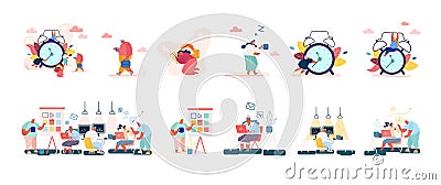 Set of Male and Female Characters with Clock, Concept of Time, Leisure, Working Activity or Procrastination, Programers Vector Illustration