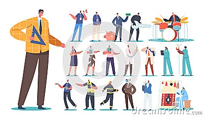 Set Of Male And Female Characters Different Professions. Men And Women Teacher, Volunteer, Promoter, Robber, Banker Vector Illustration