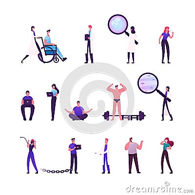 Set of Male and Female Characters, Doctors Push Patient on Wheelchair. Medic with Magnifying Glass Vector Illustration