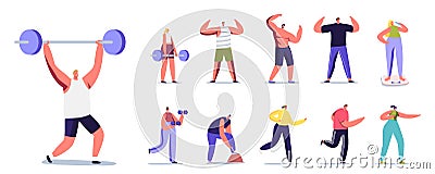 Set of Male and Female Characters Doing Sport. Men or Women Exercising with Barbell, Run, Posing, Show Perfect Body Vector Illustration