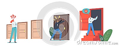 Set of Male and Female Characters at Doors Isolated on White Background. Woman Choose Entrance, Businessman Opportunity Vector Illustration