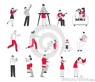 Set of Male and Female Characters Engage Sports Activity, Jogging and Running Marathon, Kids Playing Vector Illustration