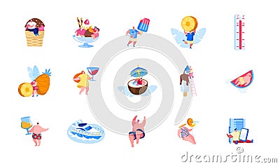 Set of Male and Female Characters Enjoying Summer Vacation and Holidays Recreation Eating Ice Cream Vector Illustration