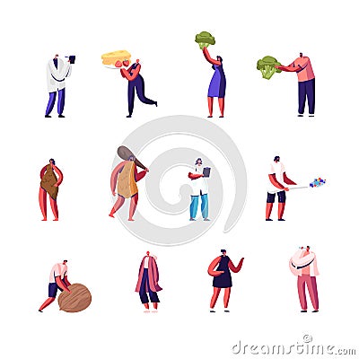 Set of Male and Female Characters Patients and Doctors, Paleo Diet Nutrition. Tiny People with Huge Food, Drinking Water Vector Illustration